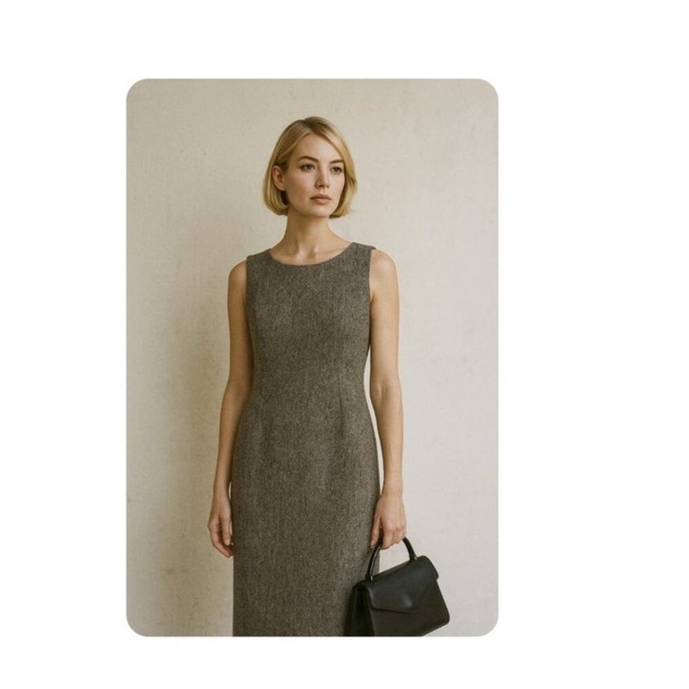 Vintage Ellen Tracy Wool Shift Dress Size 8 Black Tweed Classic Minimalist